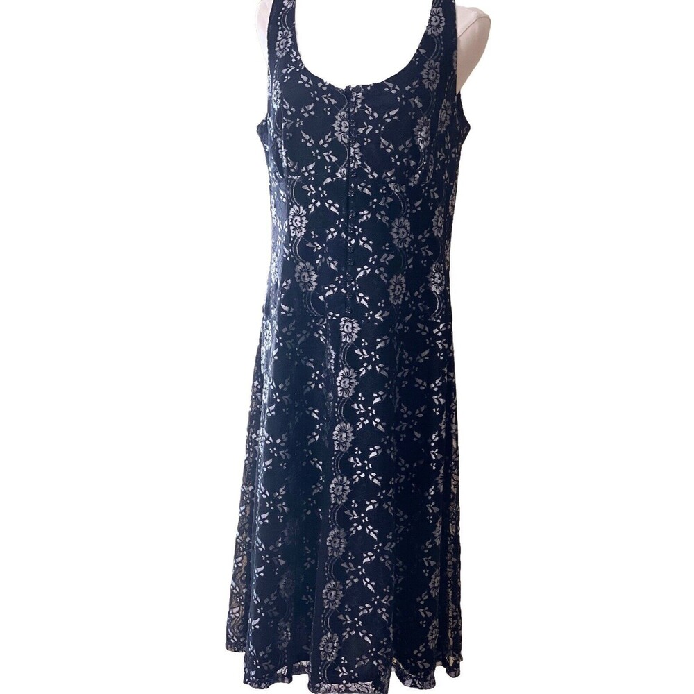 NY Collection Dress Large Black Silver Lace Lined Button Front Sleeveless Party